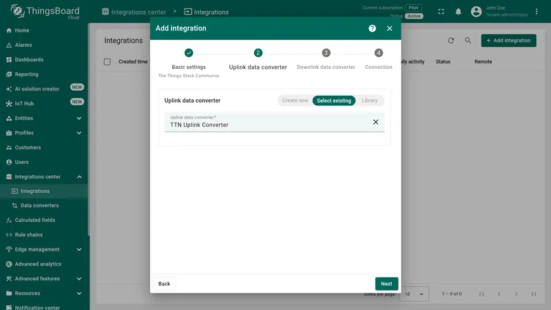 Add integration wizard — Uplink data converter with TTN Uplink Converter selected