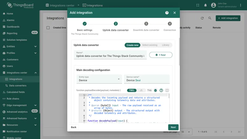Add integration wizard — Uplink data converter: Create new tab active with default TBEL decoder function pre-filled