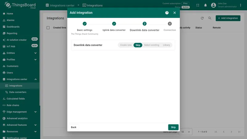 Add integration wizard — Downlink data converter step with Skip selected