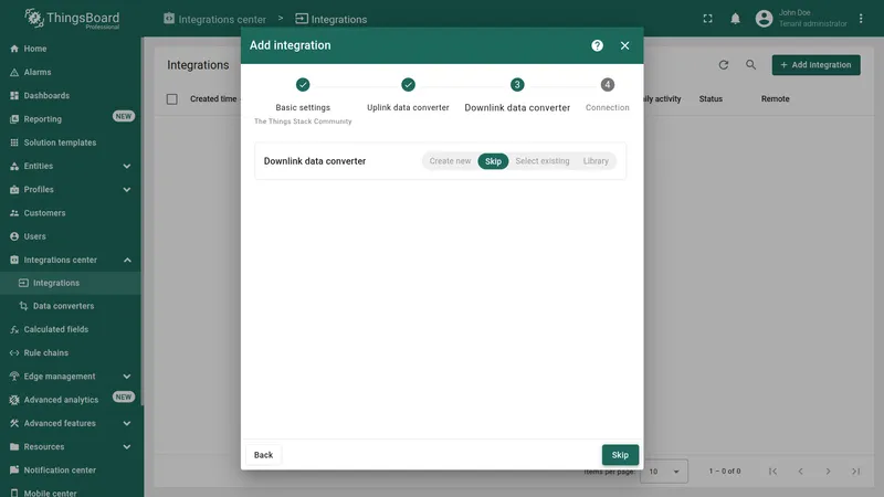 Add integration wizard — Downlink data converter step with Skip button highlighted