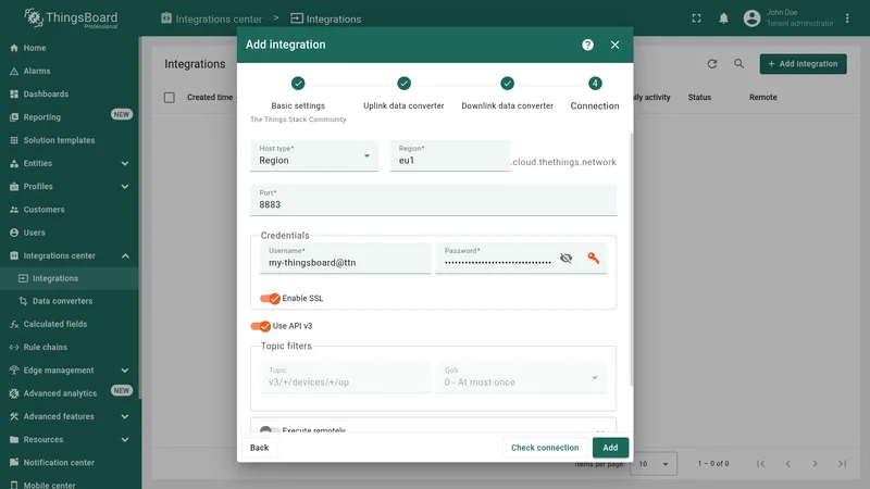 Add integration wizard — Connection: Host type Region, Region eu1, Port 8883, credentials, Enable SSL and Use API v3 on by default, topic filter v3/+/devices/+/up