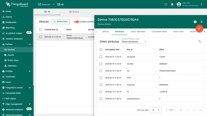 Client attributes imported into the device from the TTN uplink message