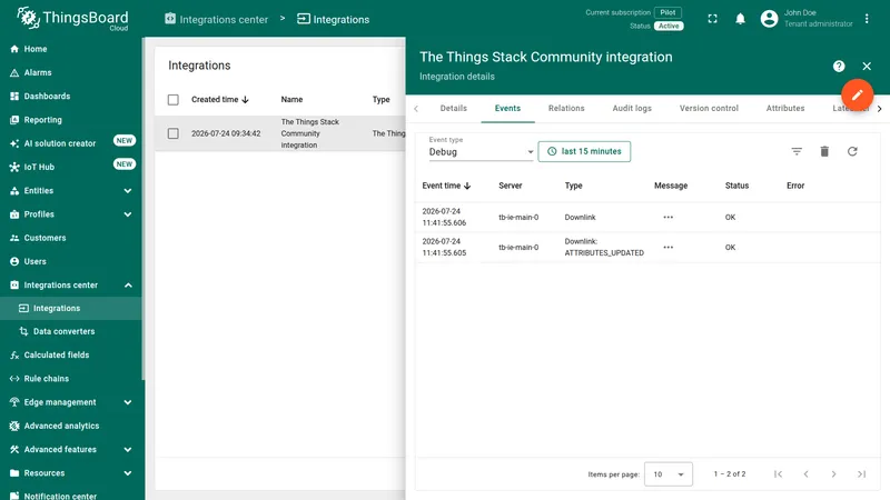 The Things Stack Community integration Events tab showing successful downlink events