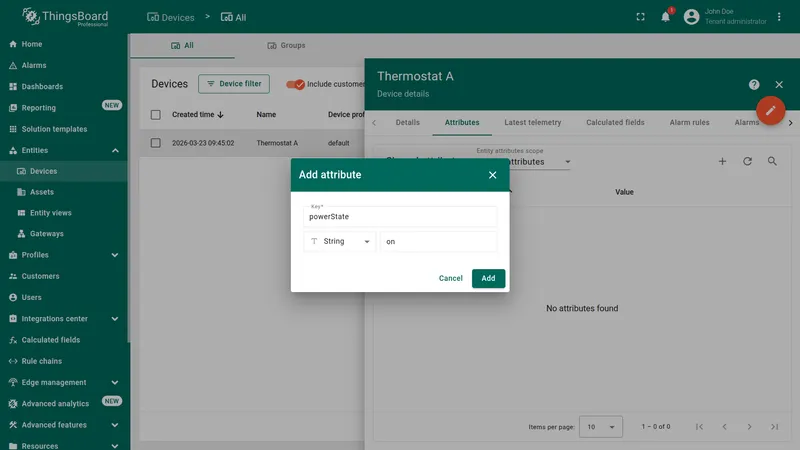 ThingsBoard — Shared attributes tab on Thermostat A, Add attribute dialog with key powerState and value on