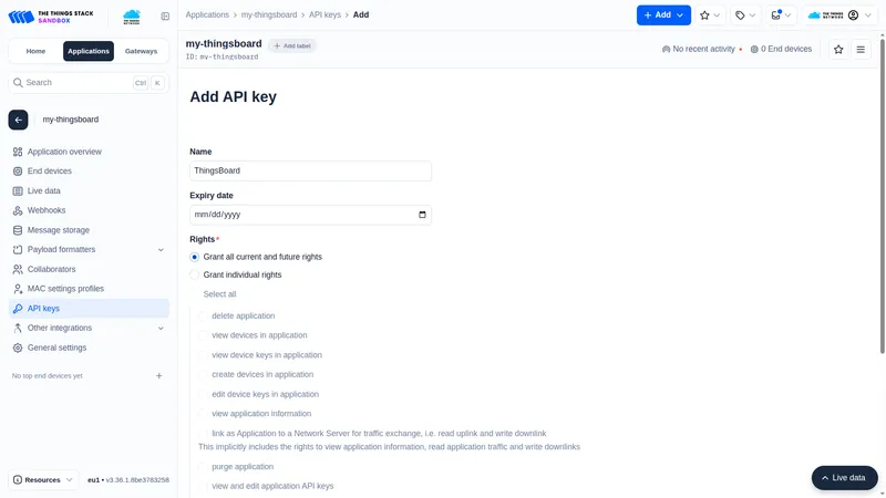 Add API key form showing the key name and permissions configuration
