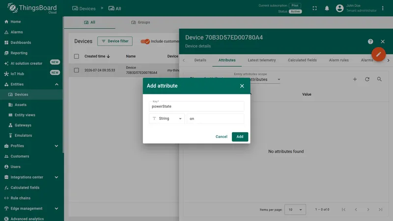 ThingsBoard device Shared attributes dialog with powerState attribute set to on
