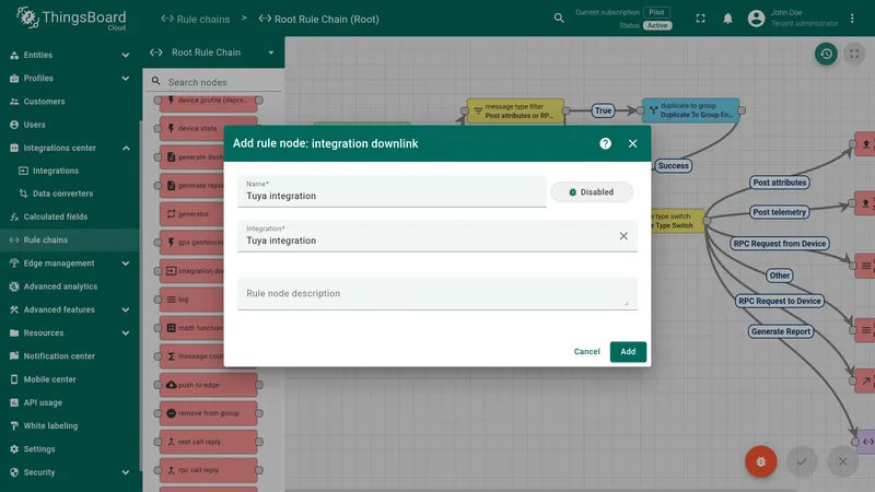 ThingsBoard Rule chain editor — Add rule node dialog for Integration Downlink with name Tuya integration and Integration field set to Tuya integration