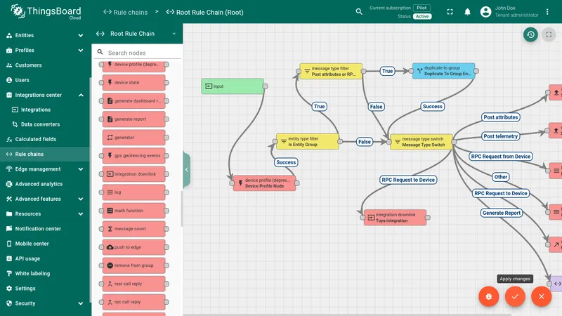 ThingsBoard Root Rule Chain — Message Type Switch connected to Integration Downlink node via RPC Request to Device relation, Apply changes button visible