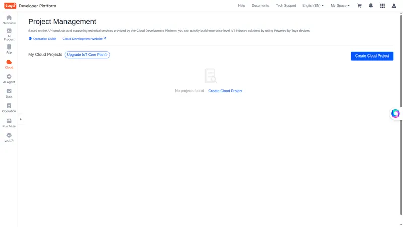 Tuya IoT Platform — Cloud Project Management page with Create Cloud Project button