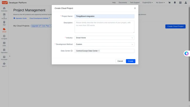 Create Cloud Project dialog — Project Name, Industry, Development Method, and Data Center fields