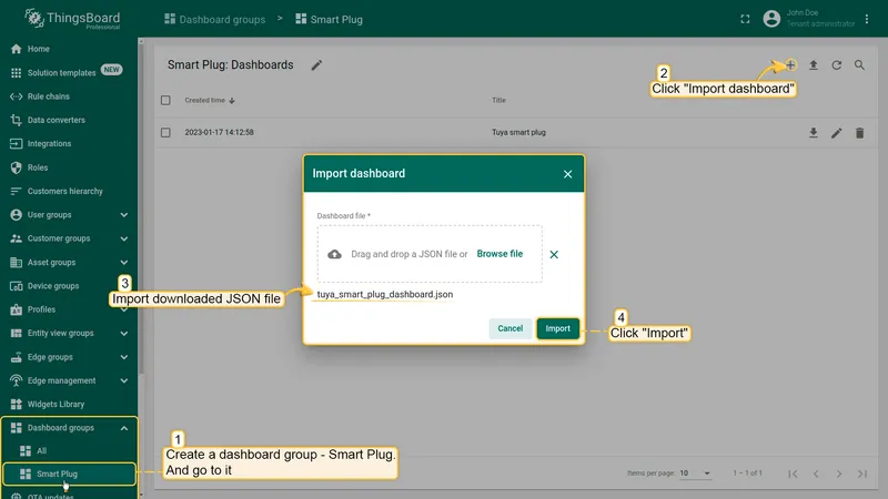 ThingsBoard Import dashboard dialog — drop JSON file to import Tuya Smart Plug dashboard