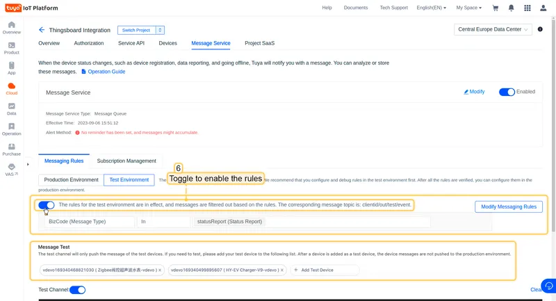 Tuya cloud Message Service tab — Enable Messaging Service notification with Messaging Rules button highlighted