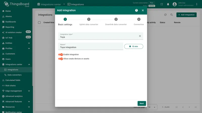 Add integration wizard — Basic settings step: Integration type Tuya, name Tuya integration, Enable integration and Allow create devices or assets toggled on