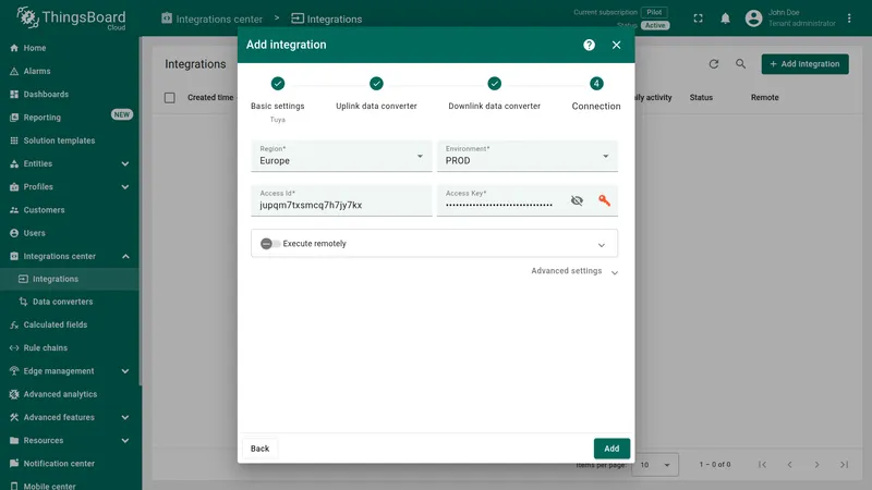 Add integration wizard — Connection step: Region Europe, Environment PROD, Access Id and Access Key fields filled