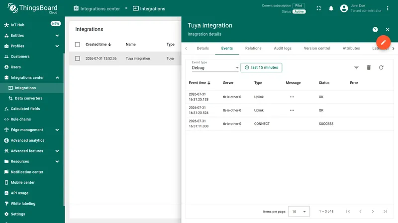 Tuya integration Events tab — Debug event type showing a CONNECT event with status SUCCESS and two Uplink events with status OK