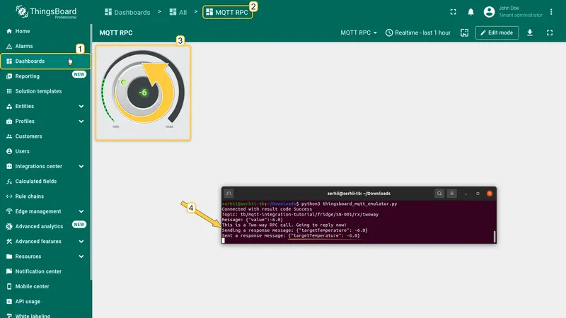 MQTT RPC dashboard with knob set to -6 and terminal overlay showing the emulator received the command and replied with {"targetTemperature": -6.0}