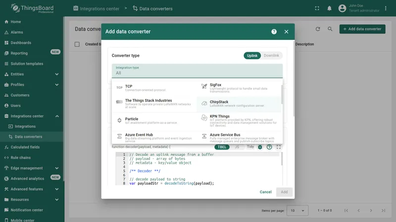 Add data converter dialog — Integration type dropdown open showing all available types including ChirpStack, The Things Stack Industries, Particle, Azure Event Hub, and others