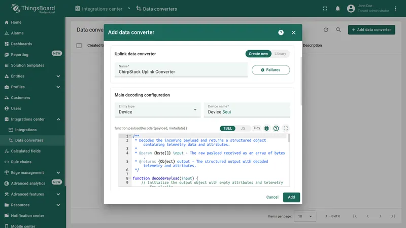 Add data converter dialog — ChirpStack integration selected, Create new tab active, converter name ChirpStack Uplink Converter, Entity type Device, Device name Device $eui, and start of auto-generated TBEL payloadDecoder function