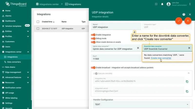 UDP integration in edit mode — Downlink data converter field with UDP Downlink Converter name entered, Create new converter option highlighted