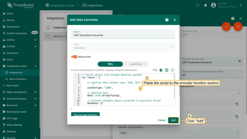 Add data converter dialog — name: UDP Downlink Converter, type: Downlink, encoder script pasted, Add button highlighted