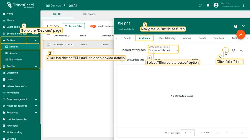 Device SN-001 — Attributes tab with Shared attributes filter selected, no attributes yet, + button highlighted