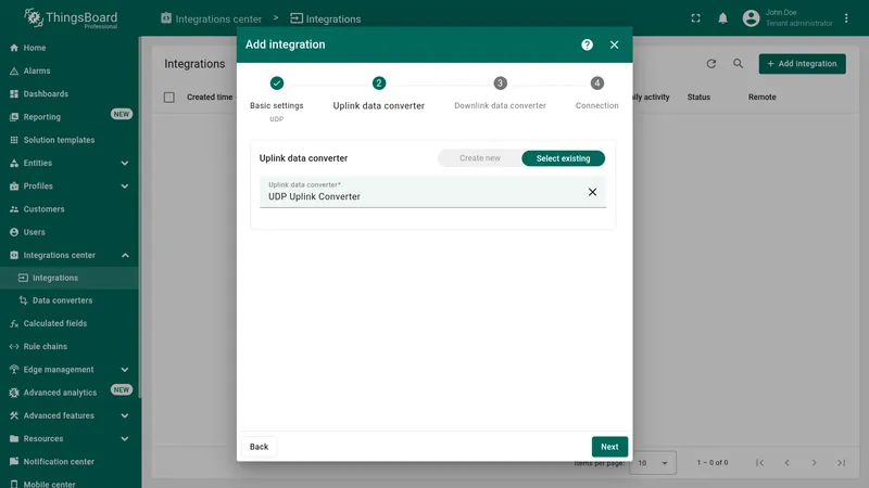 Add integration wizard — Uplink data converter: Select existing active, UDP Uplink Converter selected