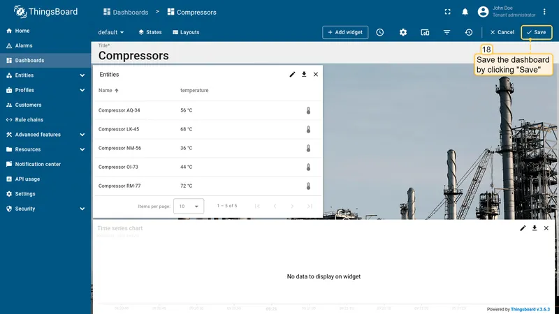 Dashboard in edit mode with action icons