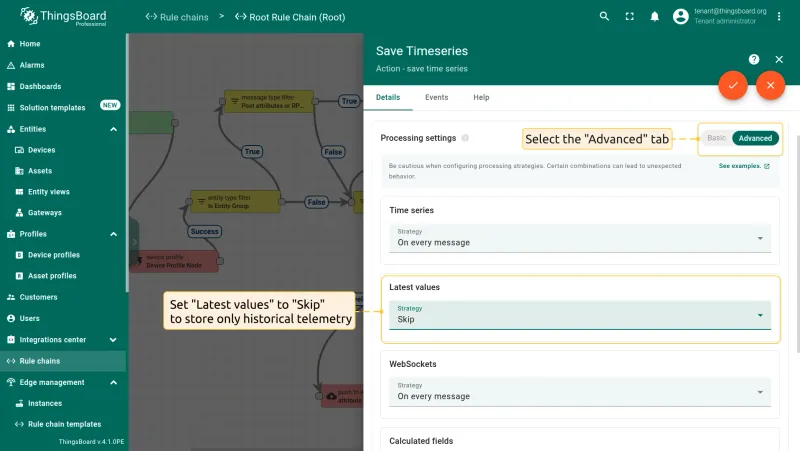 Save timeseries node configured to store only historical telemetry — PE