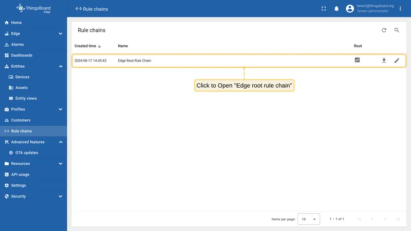 Open the Edge Root Rule Chain to verify