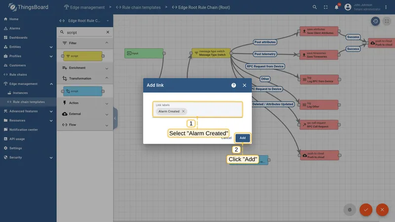 Select Alarm Created connection type
