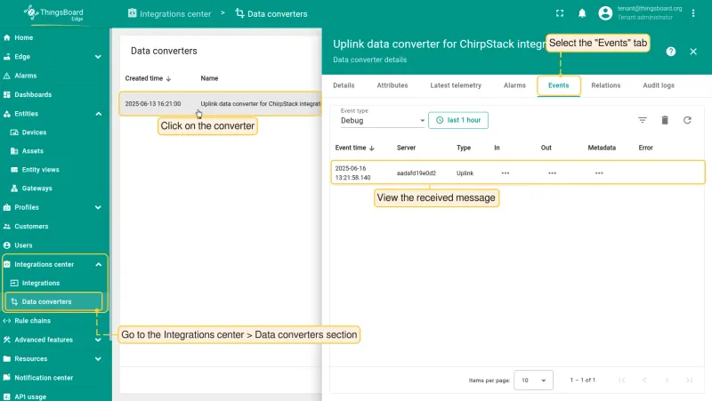 Uplink converter Events tab