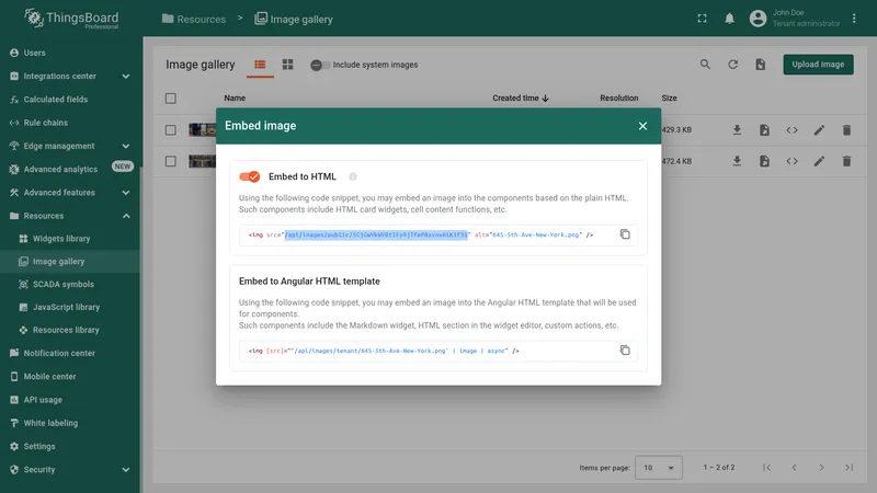 Embed image dialog showing generated URL