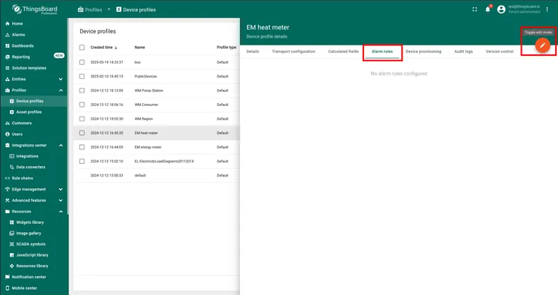 Alarm Rules tab with Edit mode toggled on