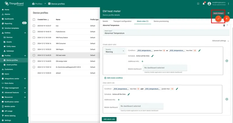 Apply changes button after configuring alarm rules