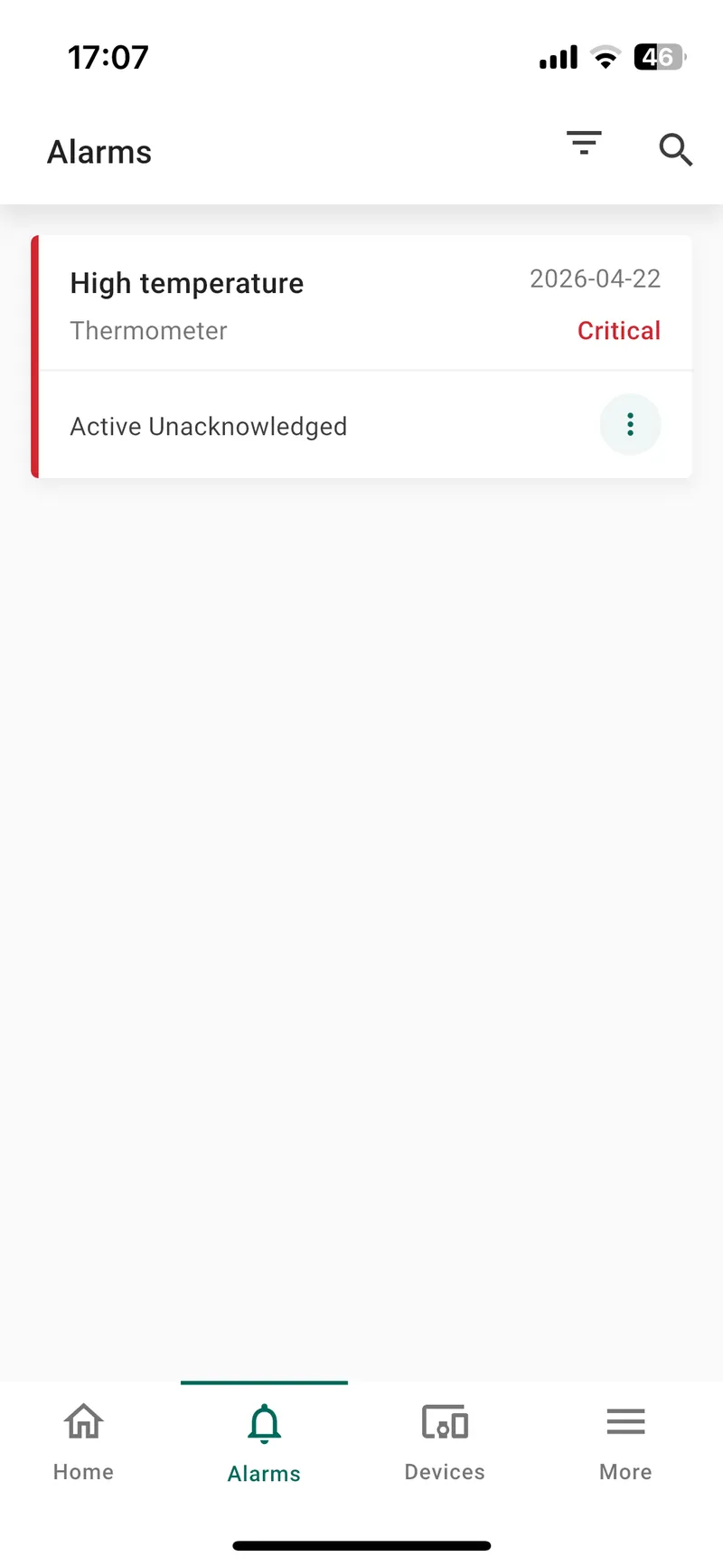 ThingsBoard Mobile App Alarms tab showing a High temperature alarm on the Thermometer device with Critical severity and Active Unacknowledged status