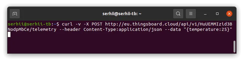 Terminal showing a curl POST command sending temperature 25 to the ThingsBoard telemetry API