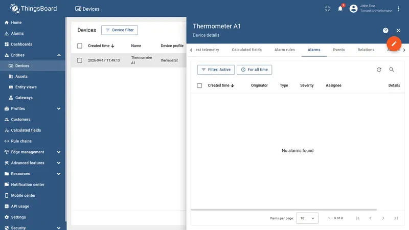 Thermometer A1 Alarms tab empty after alarm is cleared