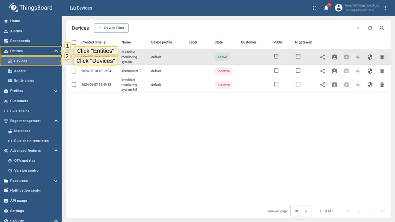 Navigate to Devices on the ThingsBoard server
