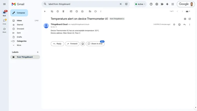 Opened email showing temperature value 32°C and device address Main Street 12 Floor 3