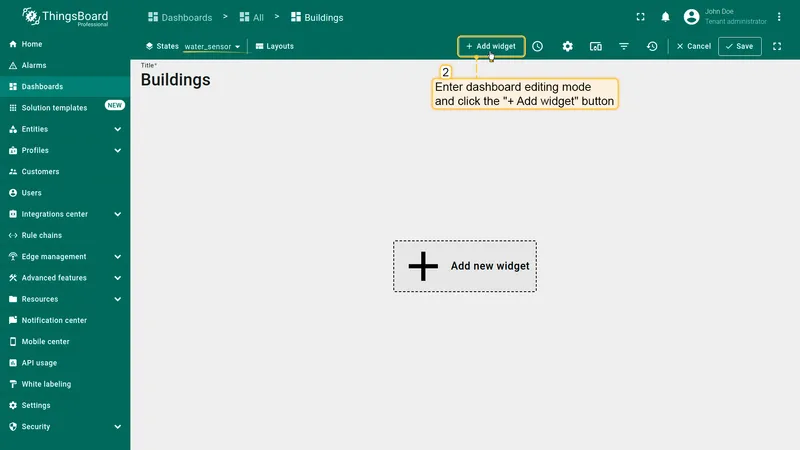 Open dashboard edit mode and add widget