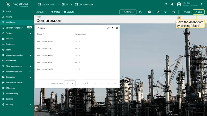 Dashboard with widget header button