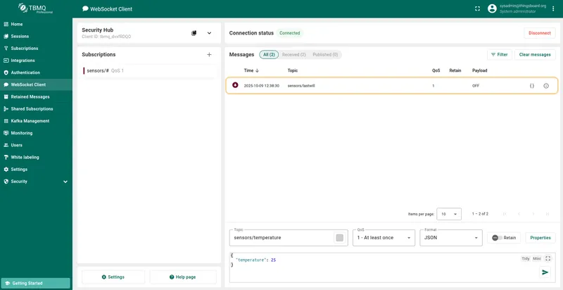The client Security Hub should receive the Last Will message from the client Security Camera.