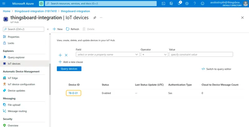 IoT devices list showing TB-D-01 with Enabled status and Cloud to Device Message Count of 0