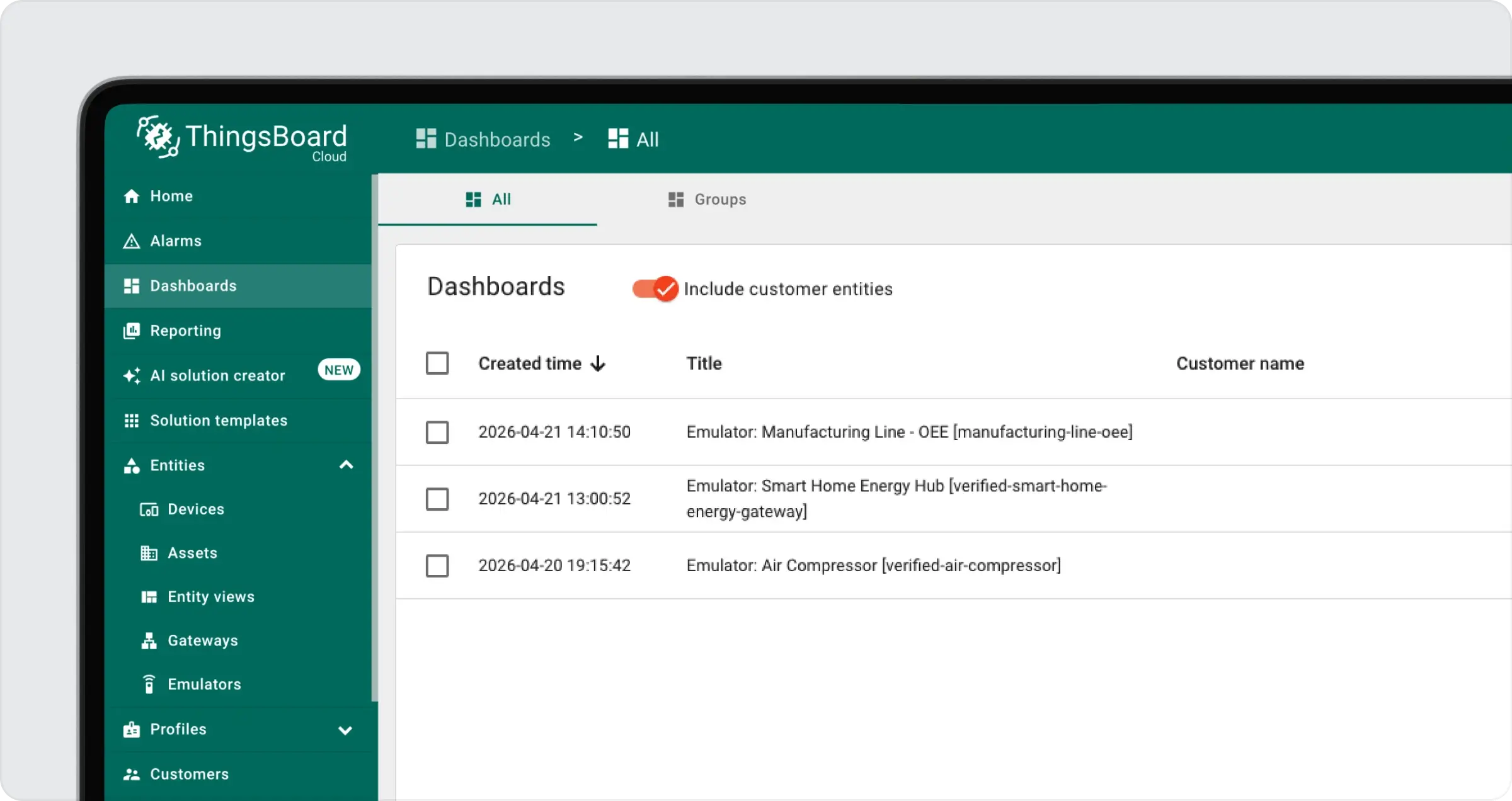 Live IoT dashboard built with ThingsBoard Device Emulator data