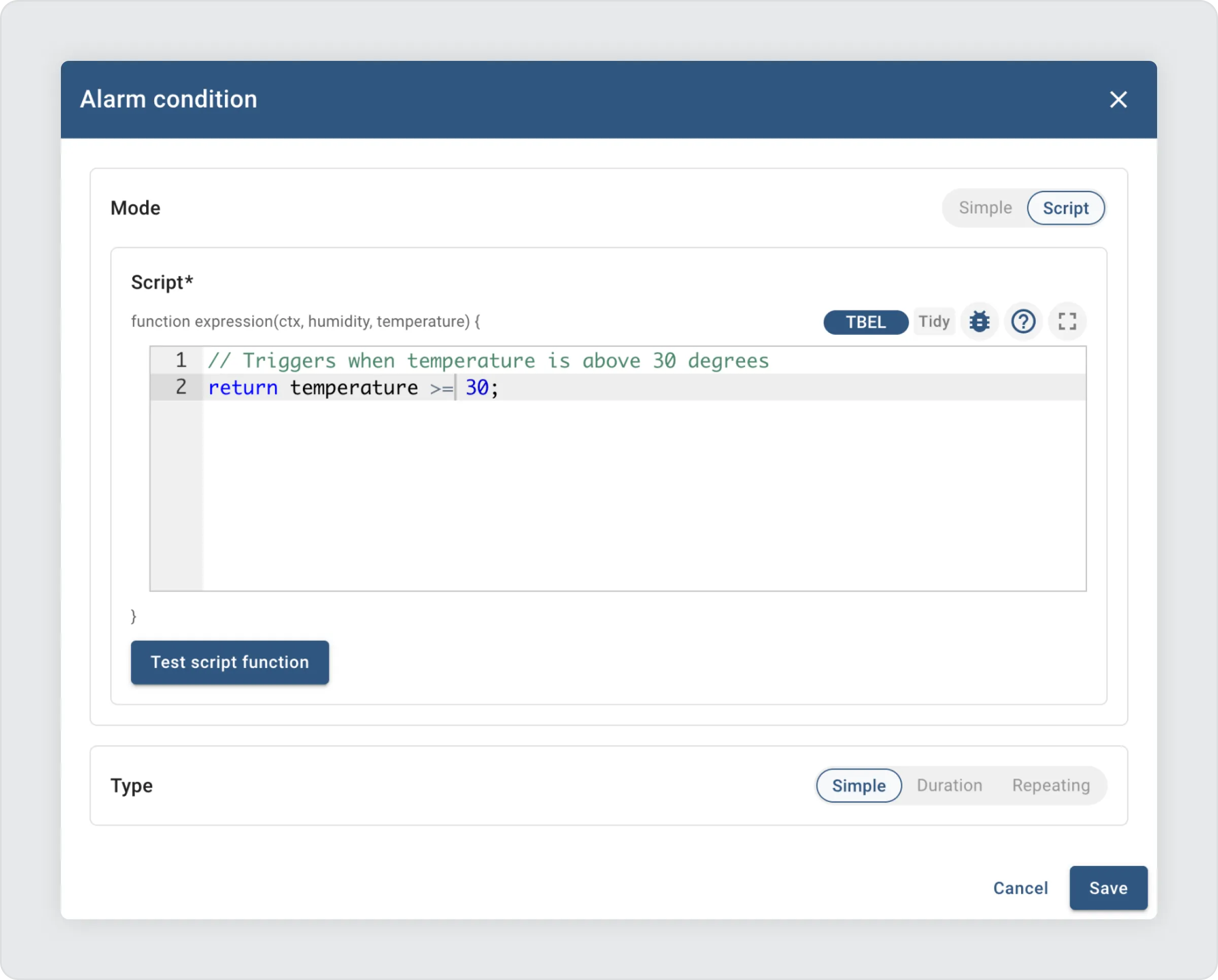 Alarm script configuration in ThingsBoard 4.3